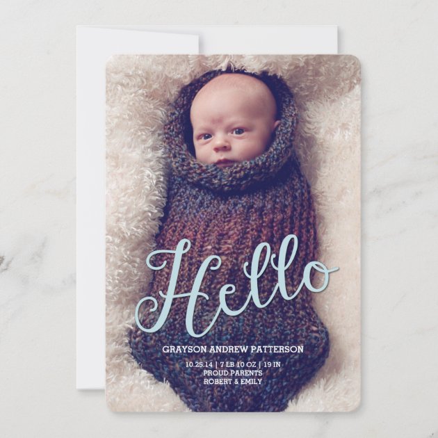 Hello Baby Boy Modern Birth Announcement Photocard (front side)
