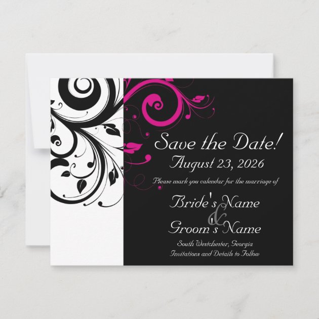 Black, White, Fuchsia Swirl Wedding Save the Date