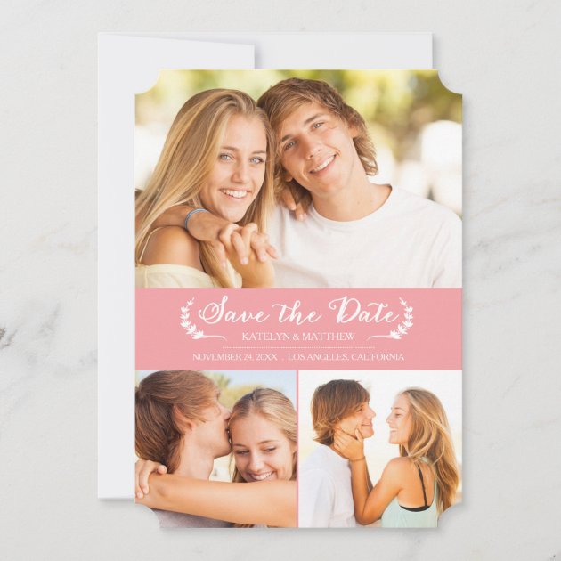 Modern Laurel Save the Date Photo Card / Pink (front side)