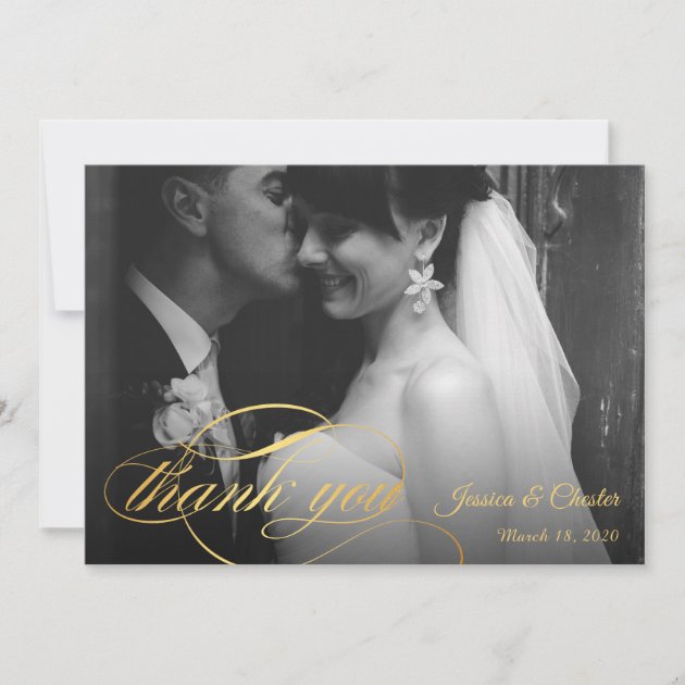 Navy Blue & Gold Script Wedding  Photo Thank You (front side)