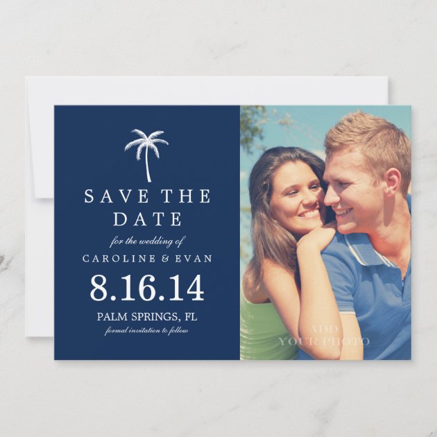Palm Tree Photo Wedding Save the Date {navy blue} (front side)