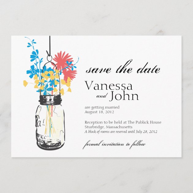 Vintage Mason Jar & Wild Flowers Save the Date (front side)