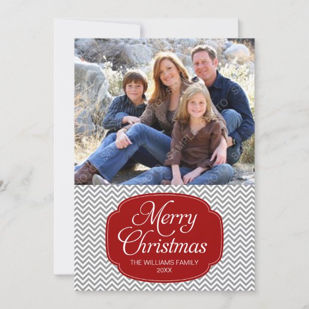 Modern Red Gray Chevron Christmas Photo Card