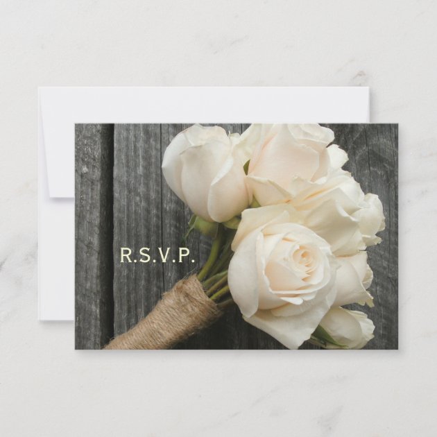 White Rose Bouquet & Barnwood Wedding R.S.V.P. RSVP Card