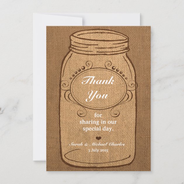 Rustic Mason Jar on Burlap Vintage Thank You