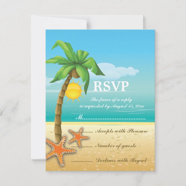 Palm tree & starfish beach wedding RSVP card