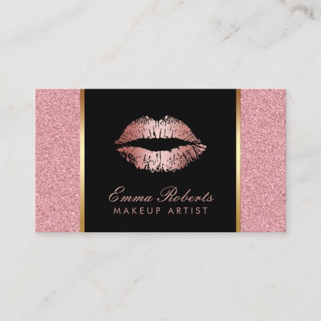 Makeup Artist Rose Gold Glitter Lips Modern Salon Business Card (front side)