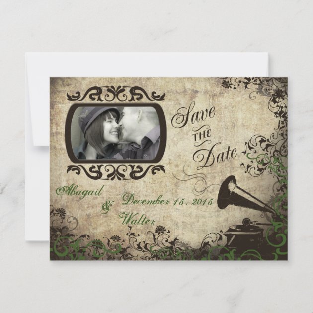 Vintage Phonograph Wedding Save the Date Green
