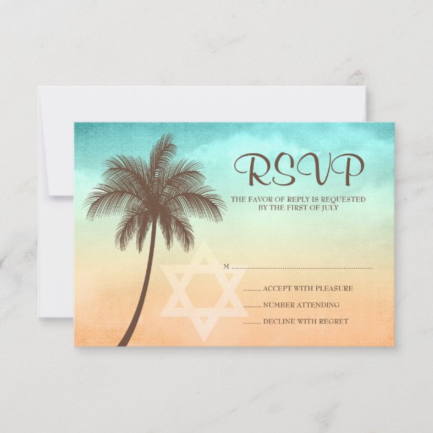 Tropical Beach Palm Tree Bat Mitzvah Response Card (front side)