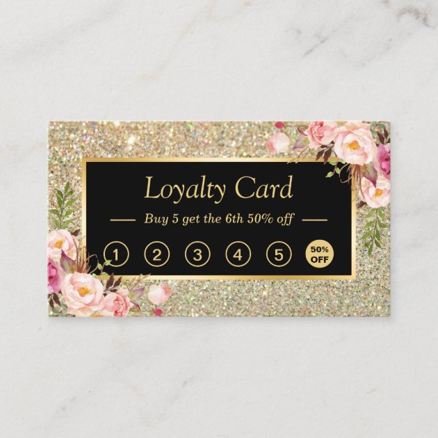 Girl Floral Gold Glitter Sparkling Loyalty Card