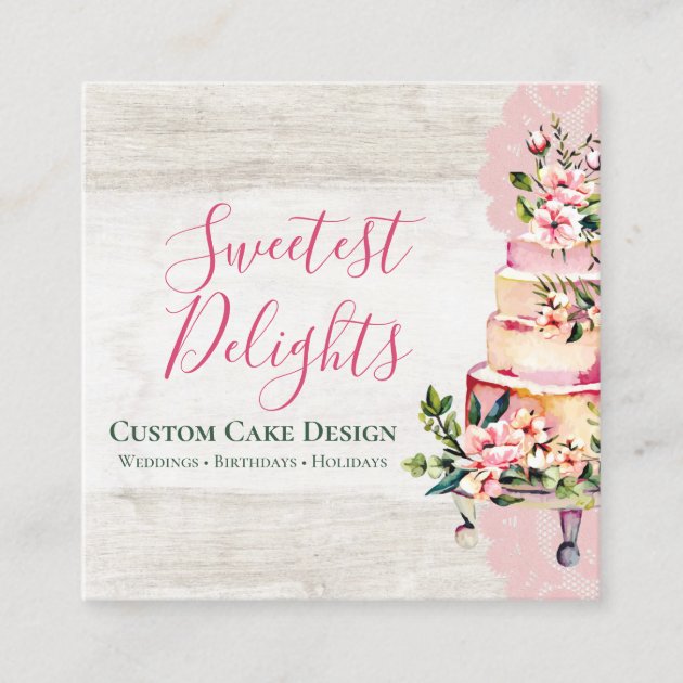 Rustic Wood Watercolor Floral Wedding Cake Bakery Square Business Card