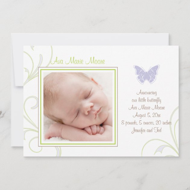 Purple Butterfly Birth Announcement (front side)