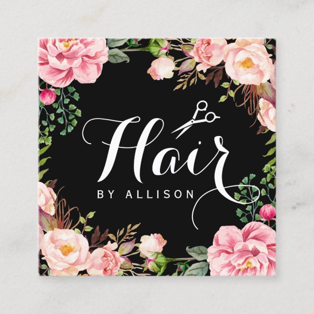 Hair Stylist Hairdresser Scissors Floral Wrapping Square Business Card (front side)