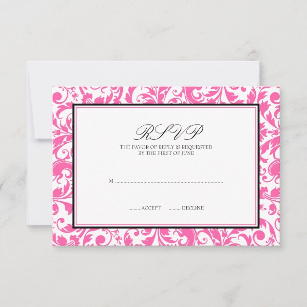 Pink and Black Swirl Damask Wedding Response Card