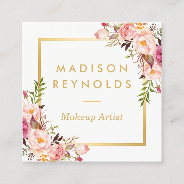 Elegant Chic Gold Frame Girly Pink Floral Personal Square Business Card