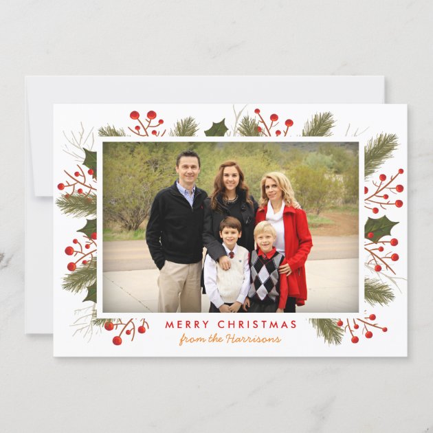 Berry Branches Frame | Modern Christmas Photo Flat Holiday Card (front side)