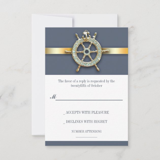 nautical blue golden wedding RSVP cards