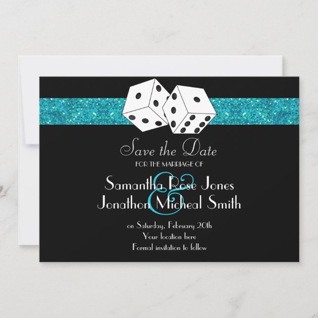 Las Vegas Theme Save the Date Teal Faux Glitter (front side)