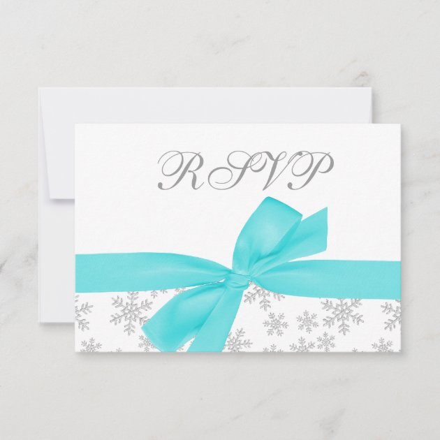 Silver Snowflakes Teal Bow RSVP Card (front side)