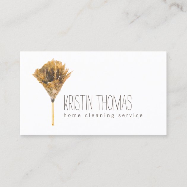 Watercolor Feather Duster Home Cleaning Service Business Card (front side)