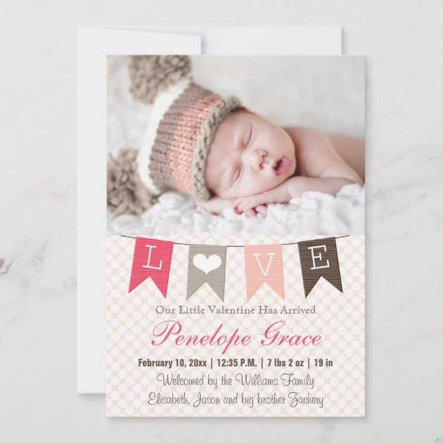 Love Pennant Valentine Birth Announcement (front side)