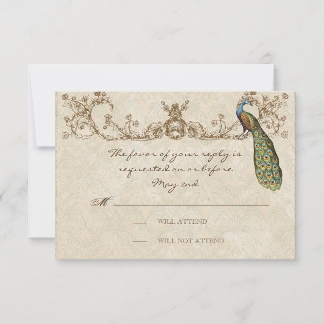 Vintage Peacock & Etchings Wedding RSVP Card