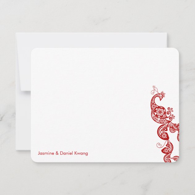 Red Floral Peacock Asian Wedding Thank You Card