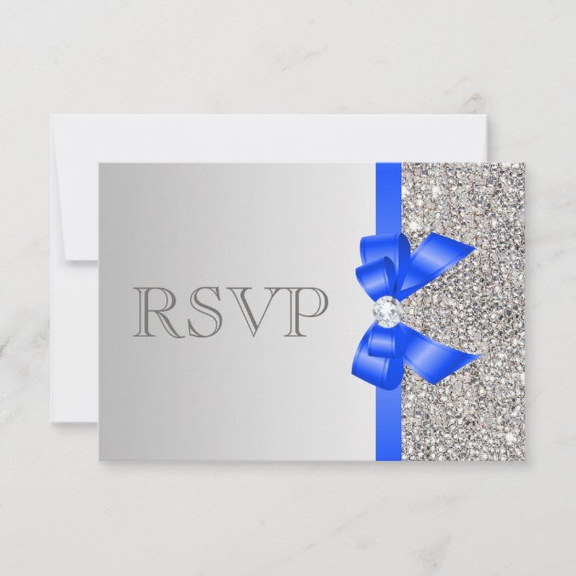 Silver Sequins Diamond Royal Blue Bow Wedding RSVP (front side)