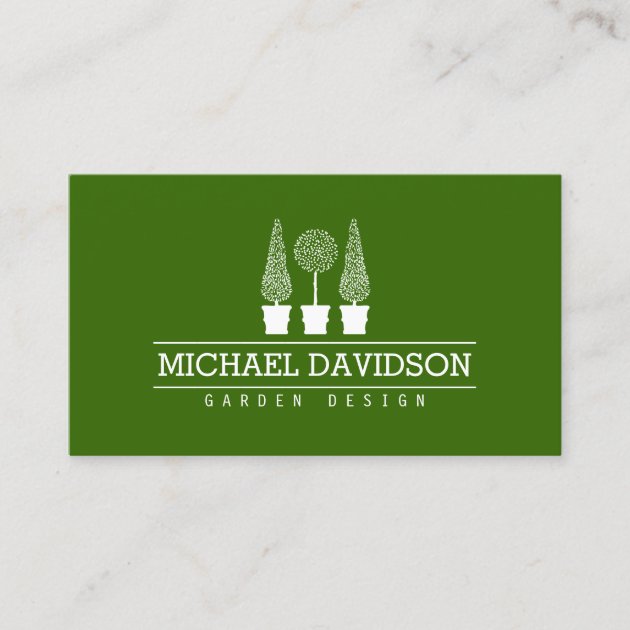 Topiary Trio Gardener Landscaping Green/White Business Card (front side)
