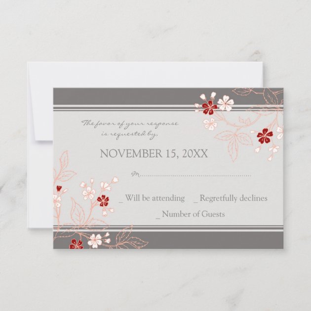 Coral Red Grey Floral RSVP Wedding Card