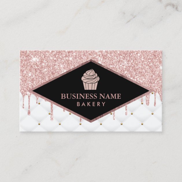 Cupcake Pastry Chef Bakery Rose Gold Glitter Drips Business Card (front side)