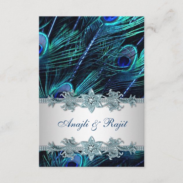 Royal Blue Silver Indian Peacock Reception Cards