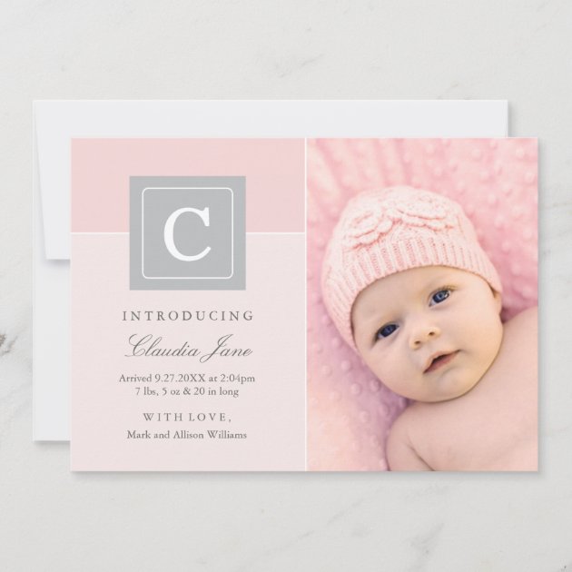 Girl Photo Birth Announcement Card | Letter Block (front side)