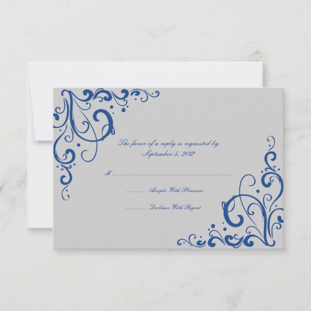 Royal Blue and Gray Flourish Wedding RSVP card