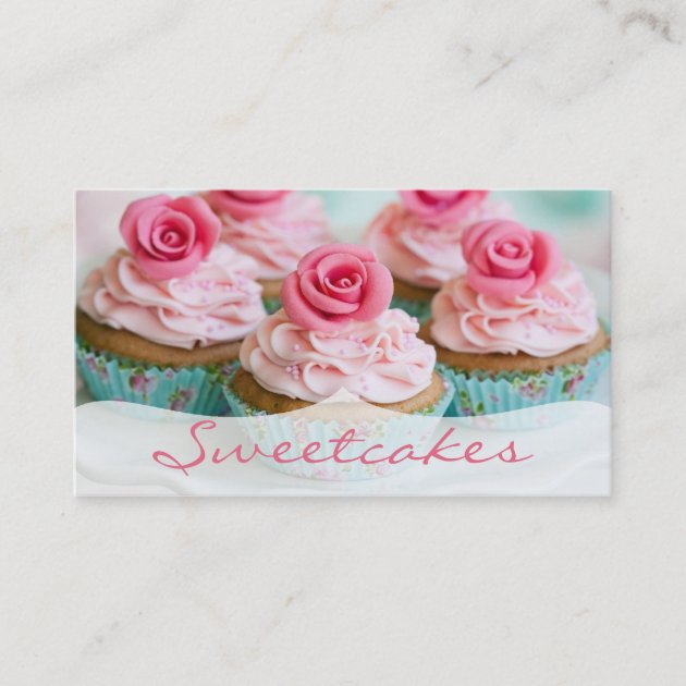 Pink n' Teal Rose Cupcake Bakery Business Card (front side)