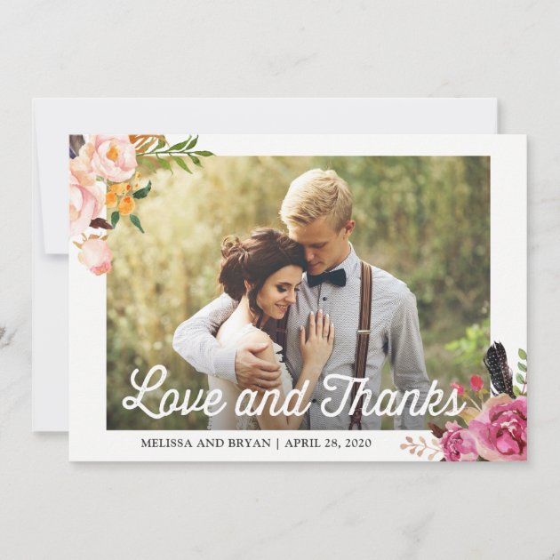 Rustic Boho Floral Wedding Photo Love and Thanks Thank You Card (front side)