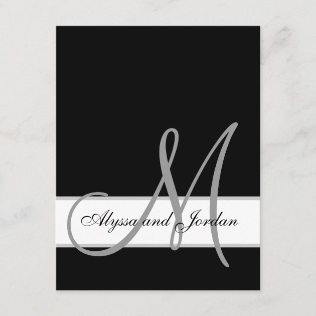Black and White Monogram Names Wedding Reception Enclosure Card (front side)