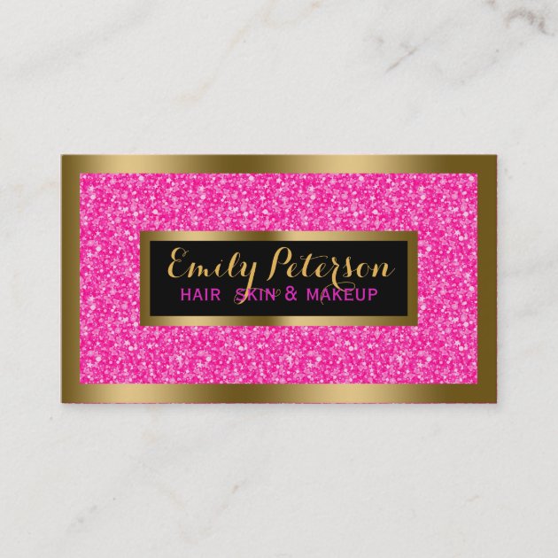 Hot Pink Faux Glitter Gold Accents Makeup Business Card (front side)
