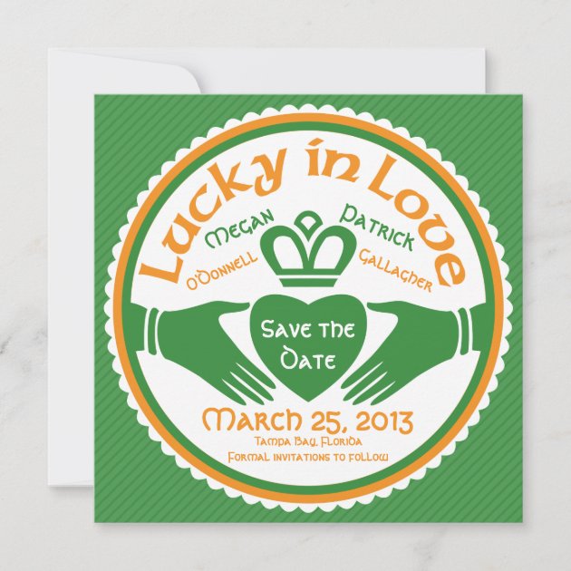 Lucky in Love Irish Claddagh Wedding Save the Date (front side)