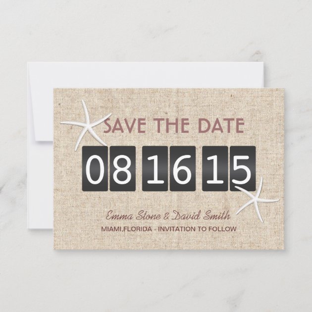 Rustic Burlap Starfish Wedding Save the Date Cards (front side)