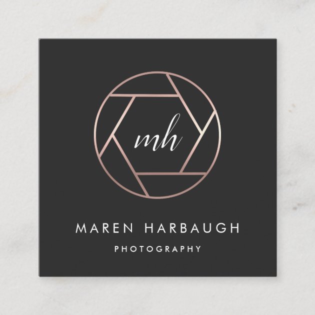 Modern Faux Rose Gold Photographer Monogram Logo Square Business Card (front side)