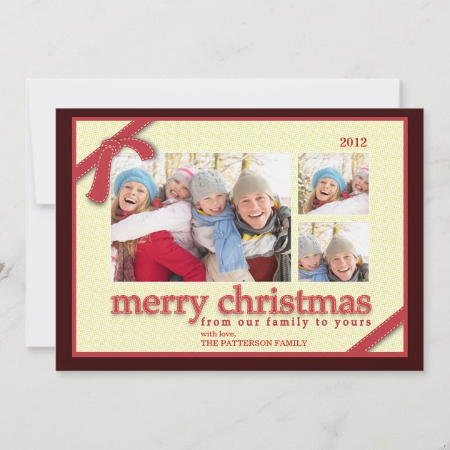 Merry Christmas 3 Photo Red Ribbon Holiday Card