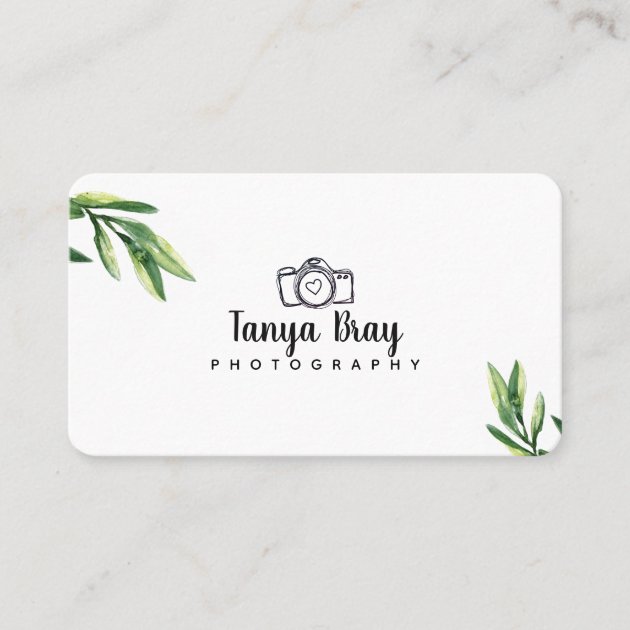 White Business Card W/ Watercolor Greenery Detail (front side)