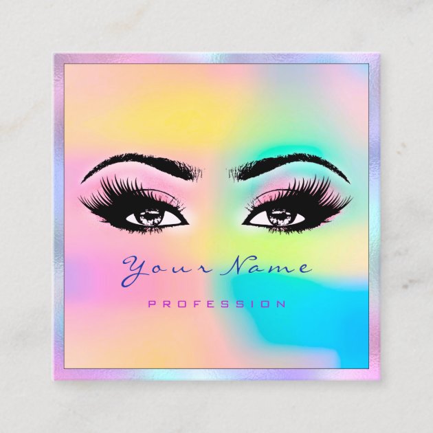 Makeup Artist Professional Eyeash Holograph Pink Square Business Card (front side)