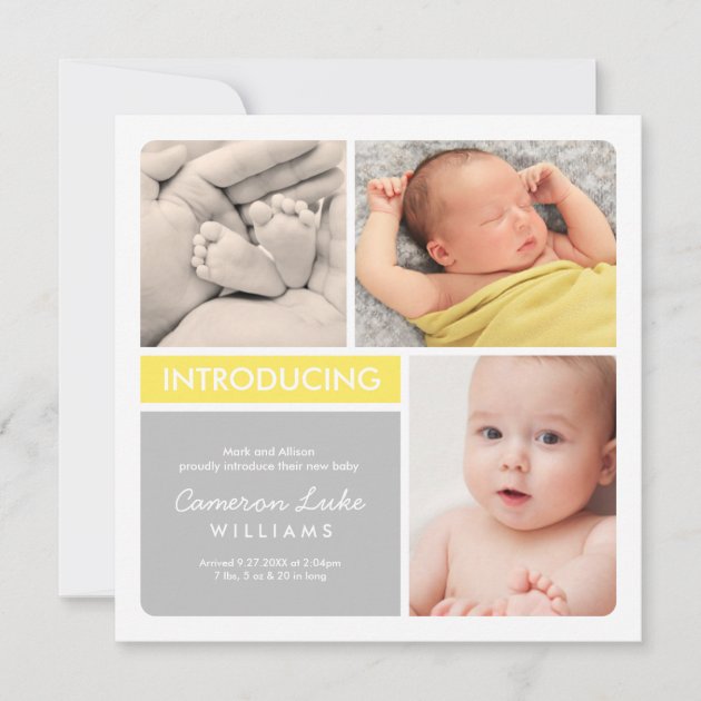 Multi-Photo Birth Announcement Card | Yellow Gray (front side)