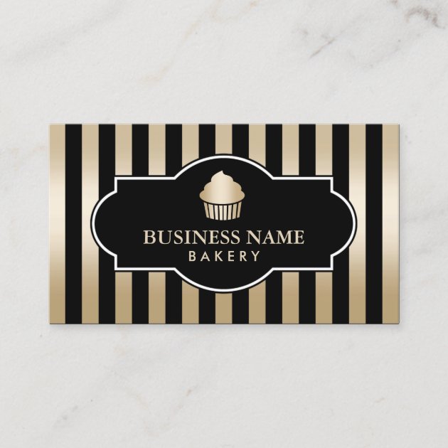 Cupcake Bakery Classy Black & Gold Stripes Modern Business Card (front side)