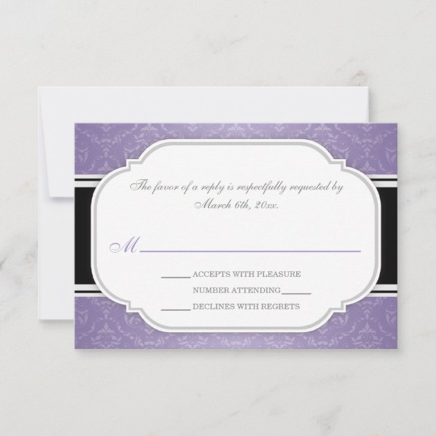 Gray & Purple Damask Wedding Reception RSVP Cards