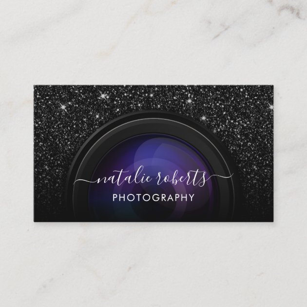 Photographer Camera Chic Black Glitter Photography Business Card (front side)