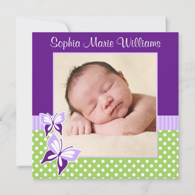 Purple Green Butterfly Photo Birth Announcement