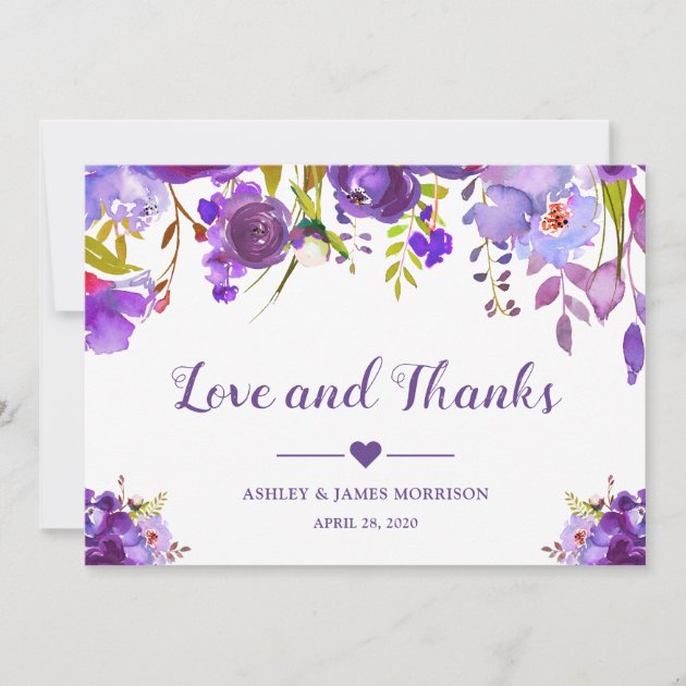 Love and Thanks Violet Purple Watercolor Floral Thank You Card